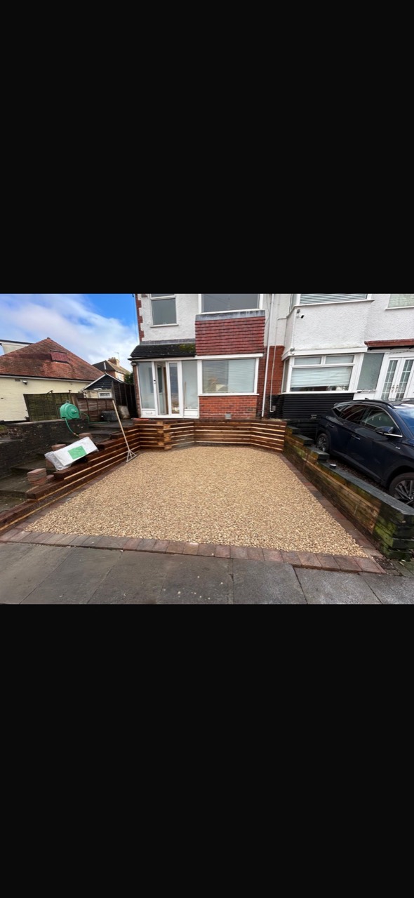 After: gravel frontage with block edging and stepped timber retaining details